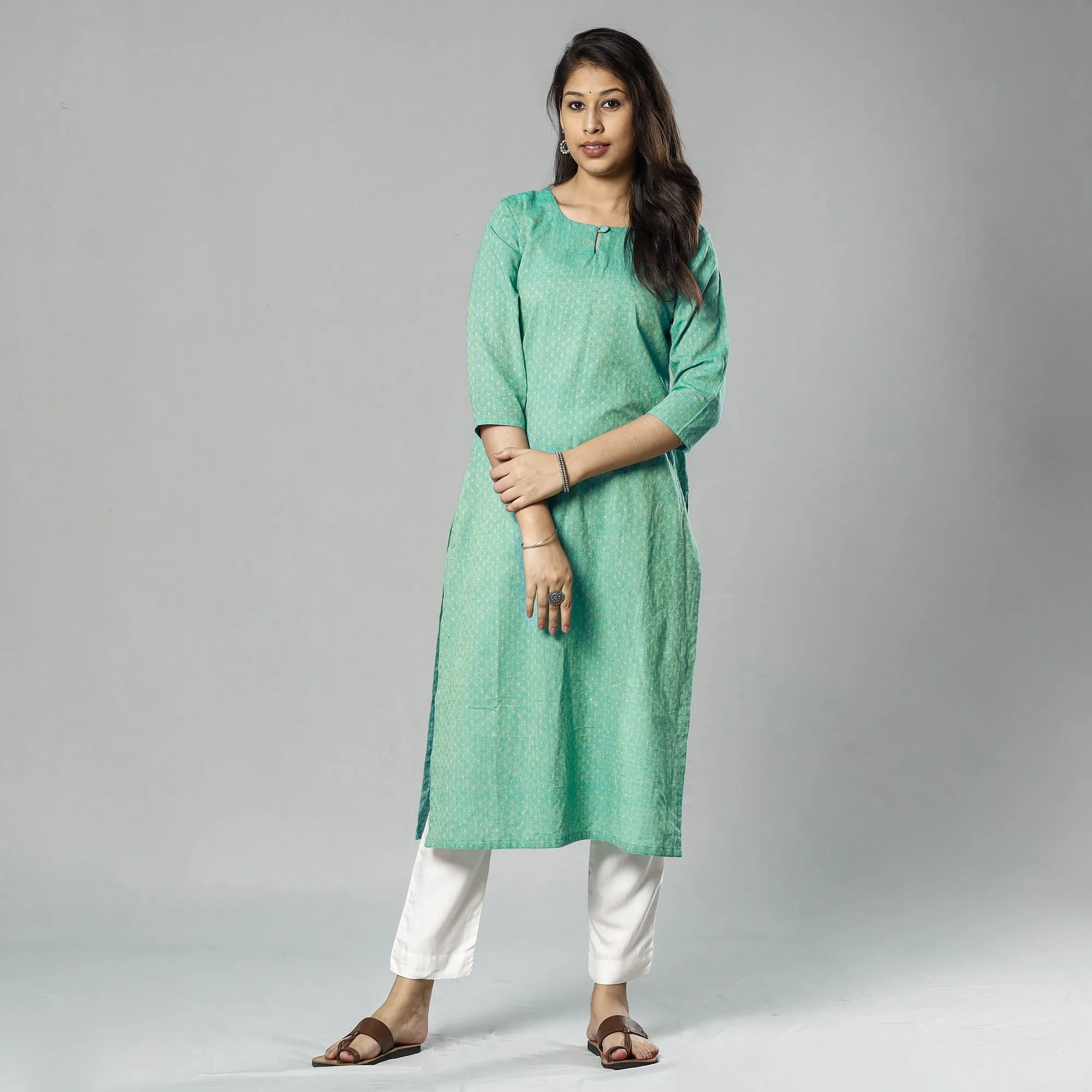 Mint Green Jacquard Cotton Long Kurta sold by Itokri product image thumbnail 2