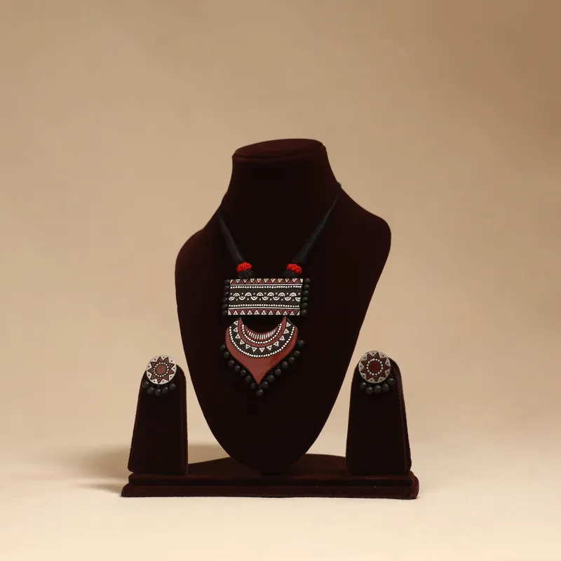Black - Bishnupur Handpainted Terracotta Necklace Set 22 made by Itokri