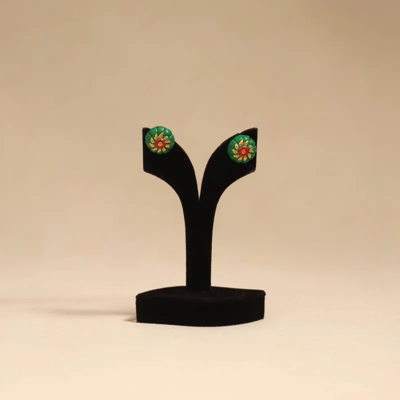 Green - Bishnupur Handpainted Terracotta Stud Earrings 42 made by Itokri
