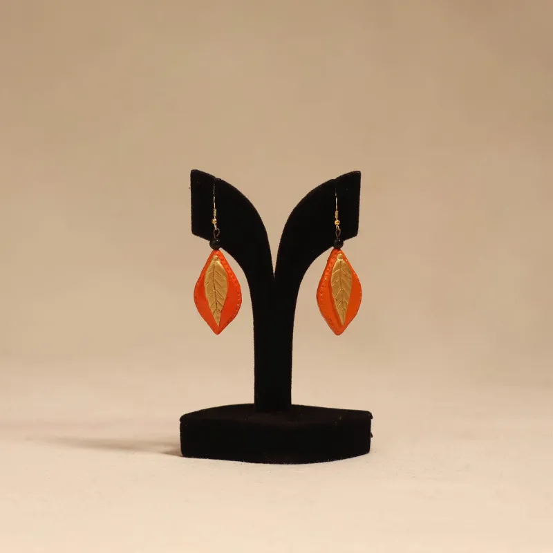 Orange - Bishnupur Handpainted Leaf Shape Terracotta Earrings 108 made by Itokri