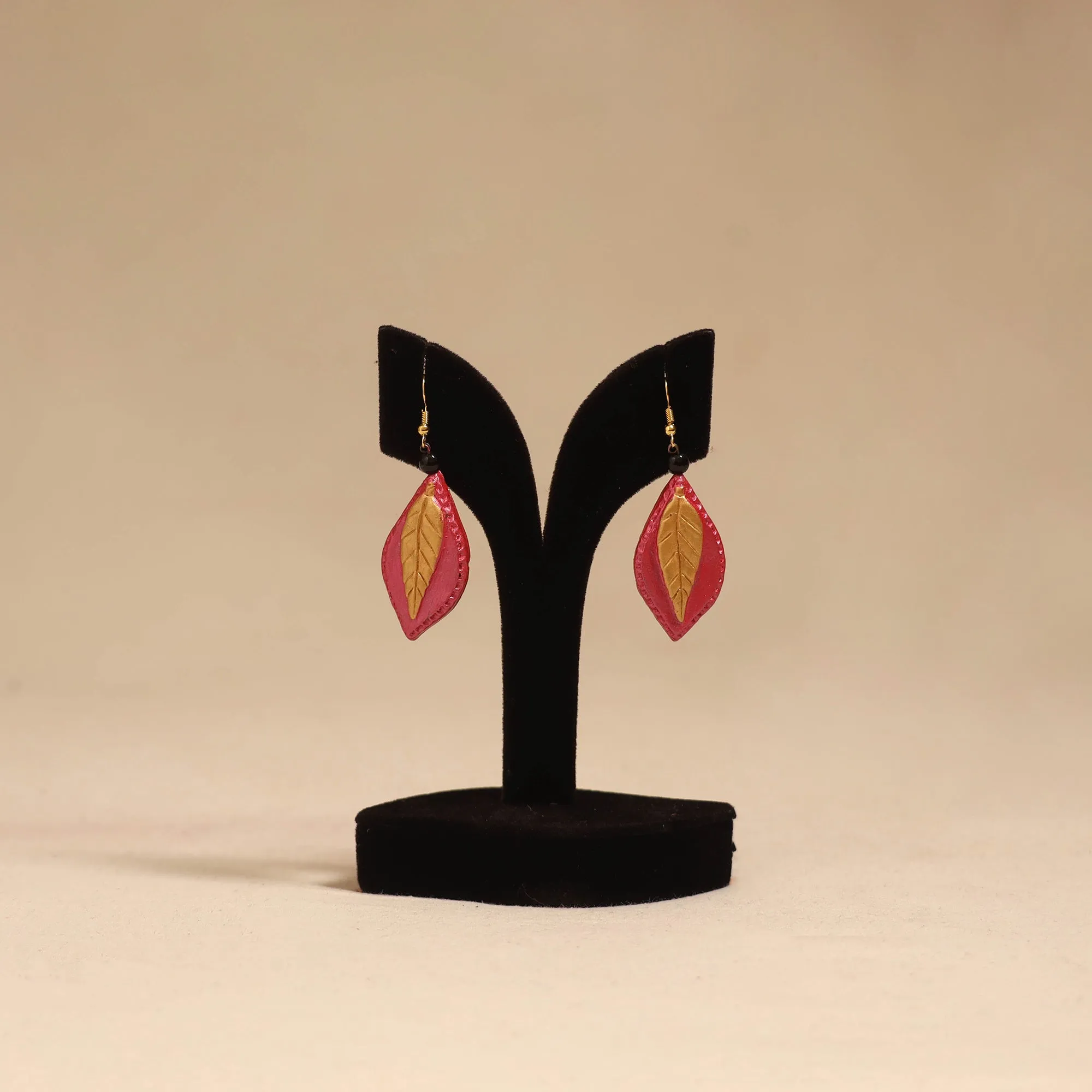 Pink - Bishnupur Handpainted Leaf Shape Terracotta Earrings 112 sold by Itokri