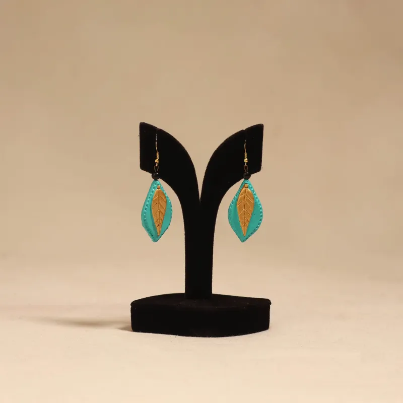Green - Bishnupur Handpainted Leaf Shape Terracotta Earrings 110 made by Itokri