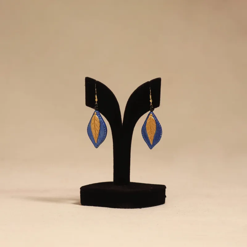 Blue - Bishnupur Handpainted Leaf Shape Terracotta Earrings 109 made by Itokri