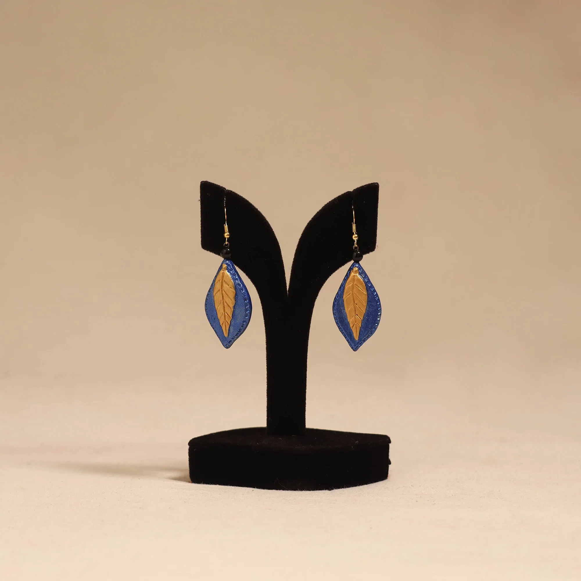 Blue - Bishnupur Handpainted Leaf Shape Terracotta Earrings 109 sold by Itokri