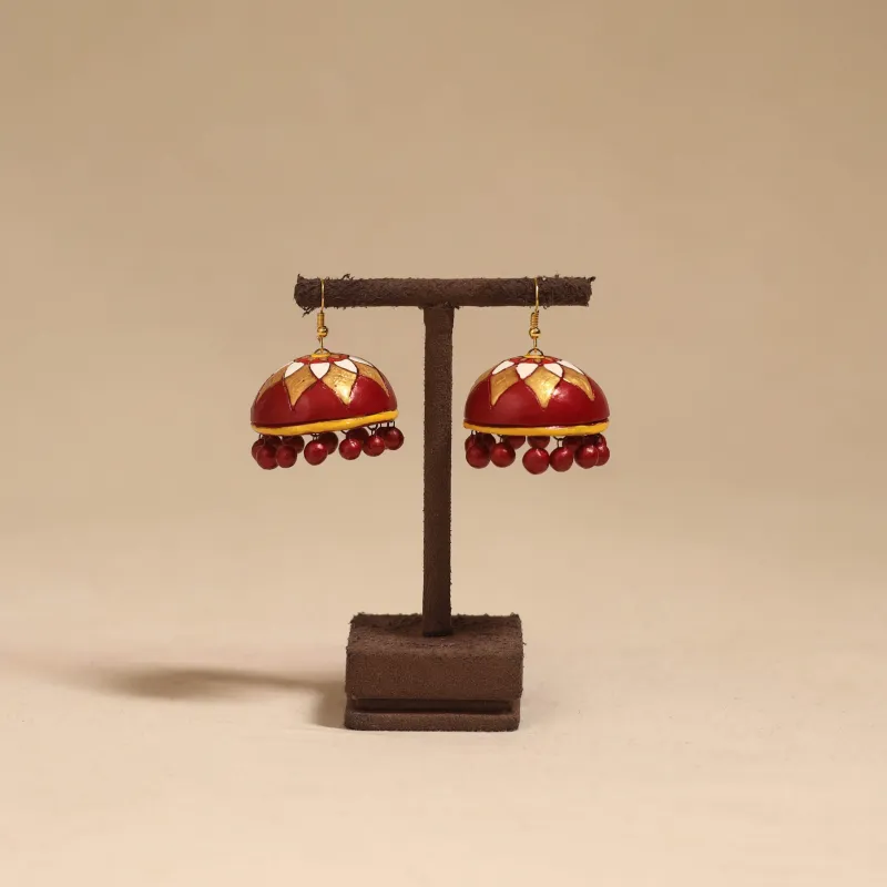 Red - Bishnupur Handpainted Terracotta Jhumki Earrings 92 made by Itokri