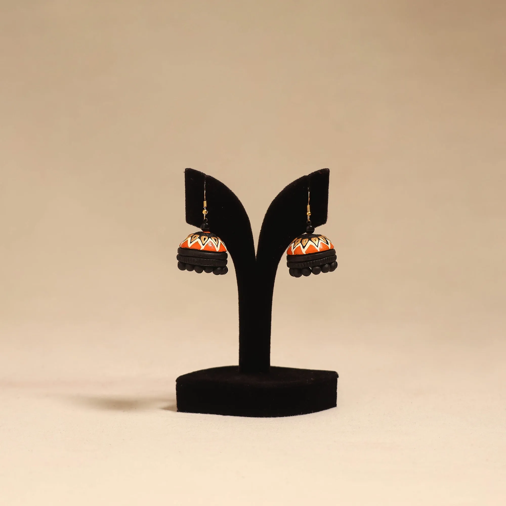Orange - Bishnupur Handpainted Terracotta Jhumki Earrings 85 sold by Itokri
