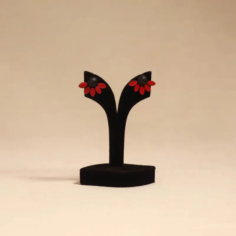 Red - Bishnupur Handpainted Flower Shape Terracotta Stud Earrings 73 made by Itokri