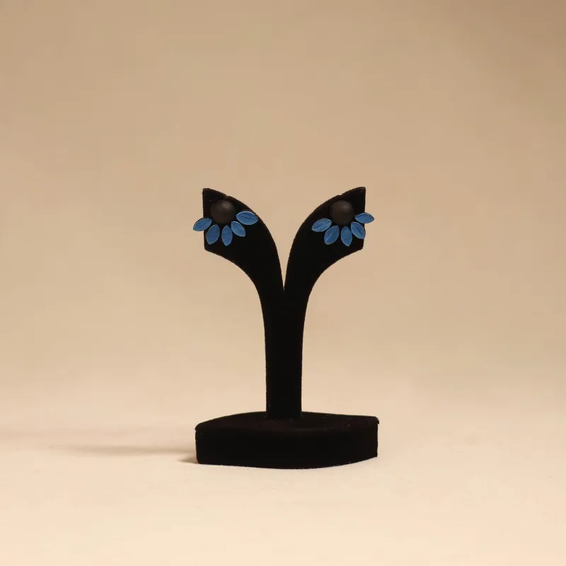 Blue - Bishnupur Handpainted Flower Shape Terracotta Stud Earrings 72 made by Itokri