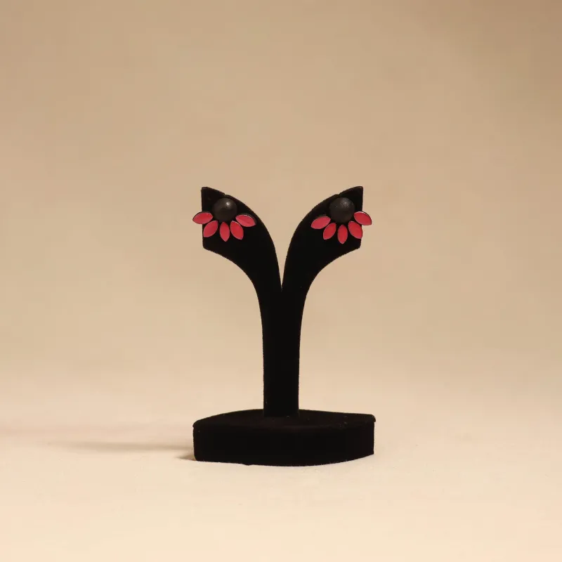 Red - Bishnupur Handpainted Flower Shape Terracotta Stud Earrings 71 made by Itokri