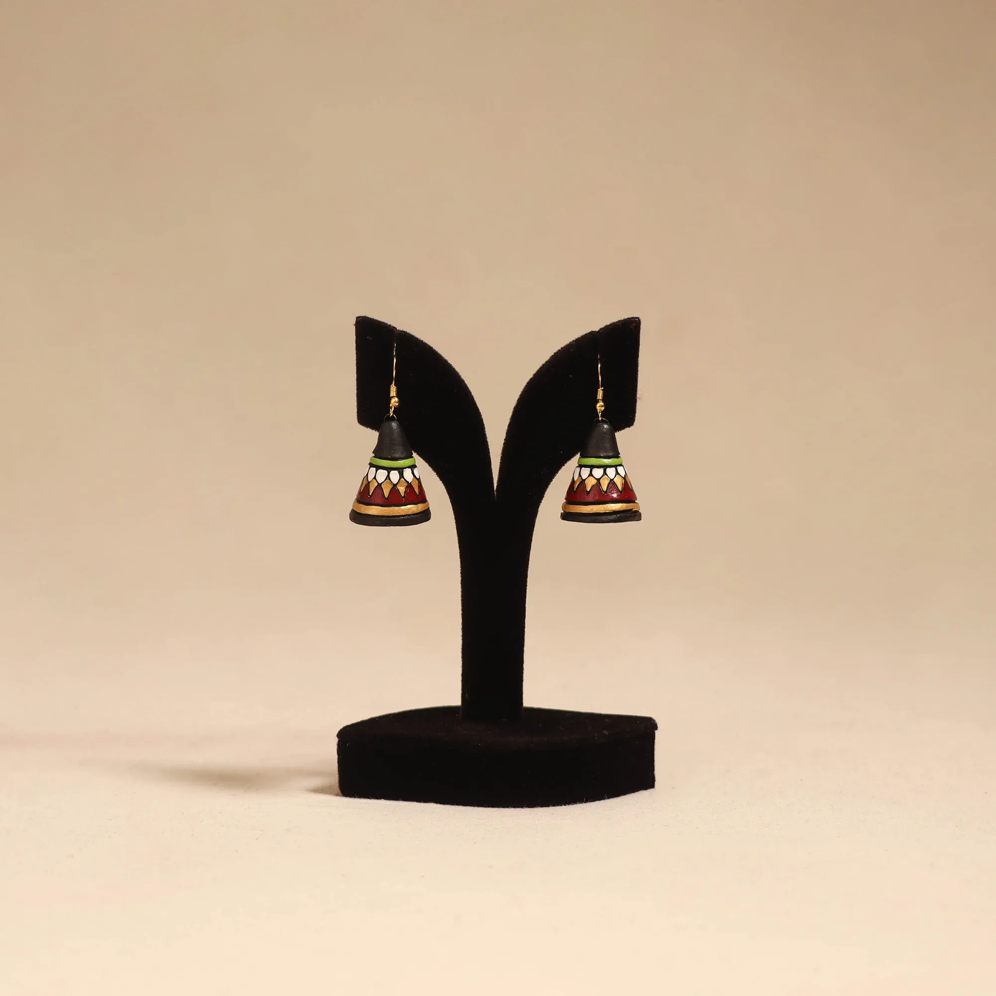 Black - Bishnupur Handpainted Cone Shape Terracotta Jhumka Earrings 68 sold by Itokri