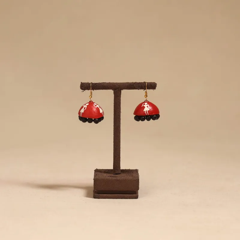 Red - Bishnupur Handpainted Terracotta Jhumki Earrings 156 made by Itokri