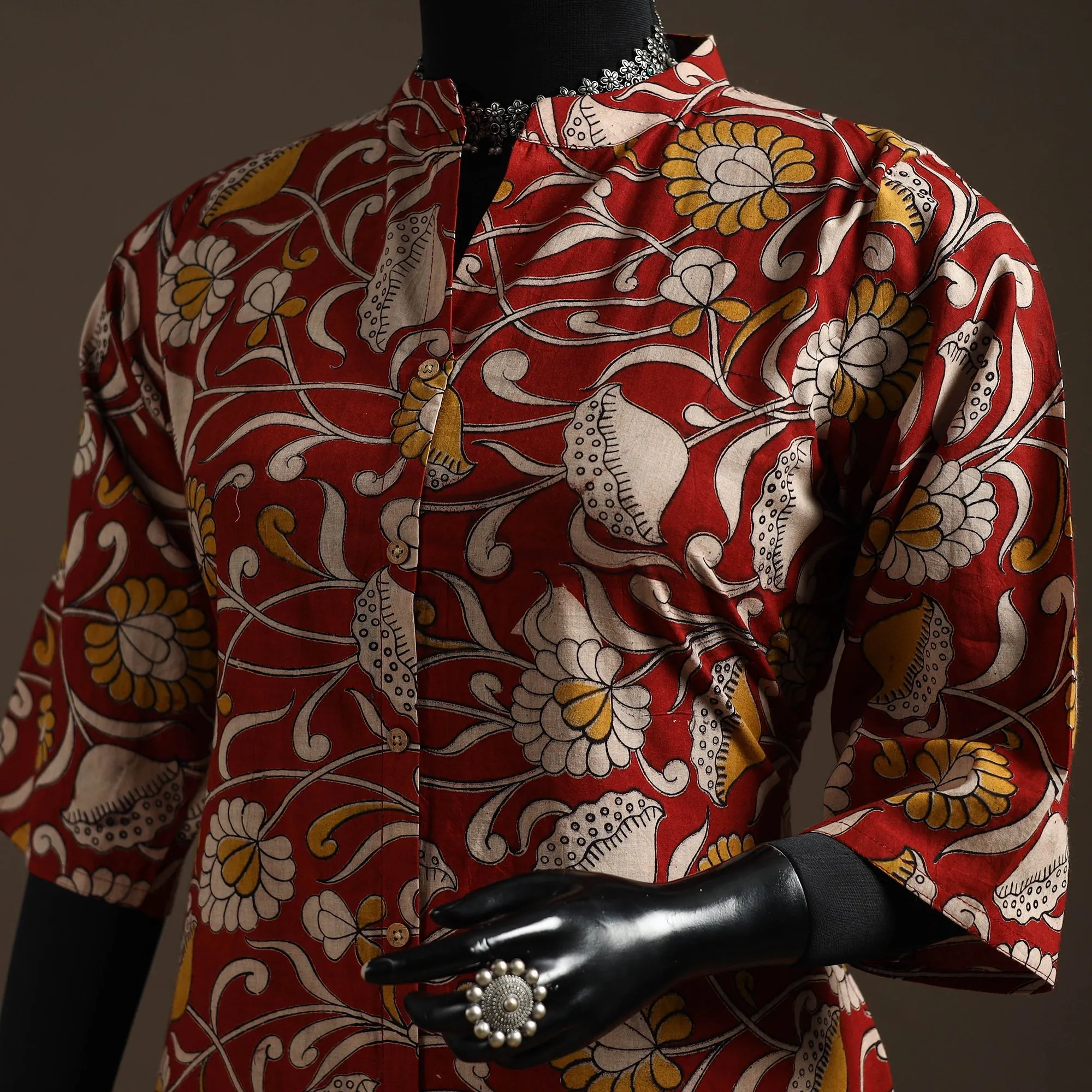 Red - Hand Embroidered Printed Cotton A-Line Kalamkari Kurta for women 15 sold by Itokri product image thumbnail 3