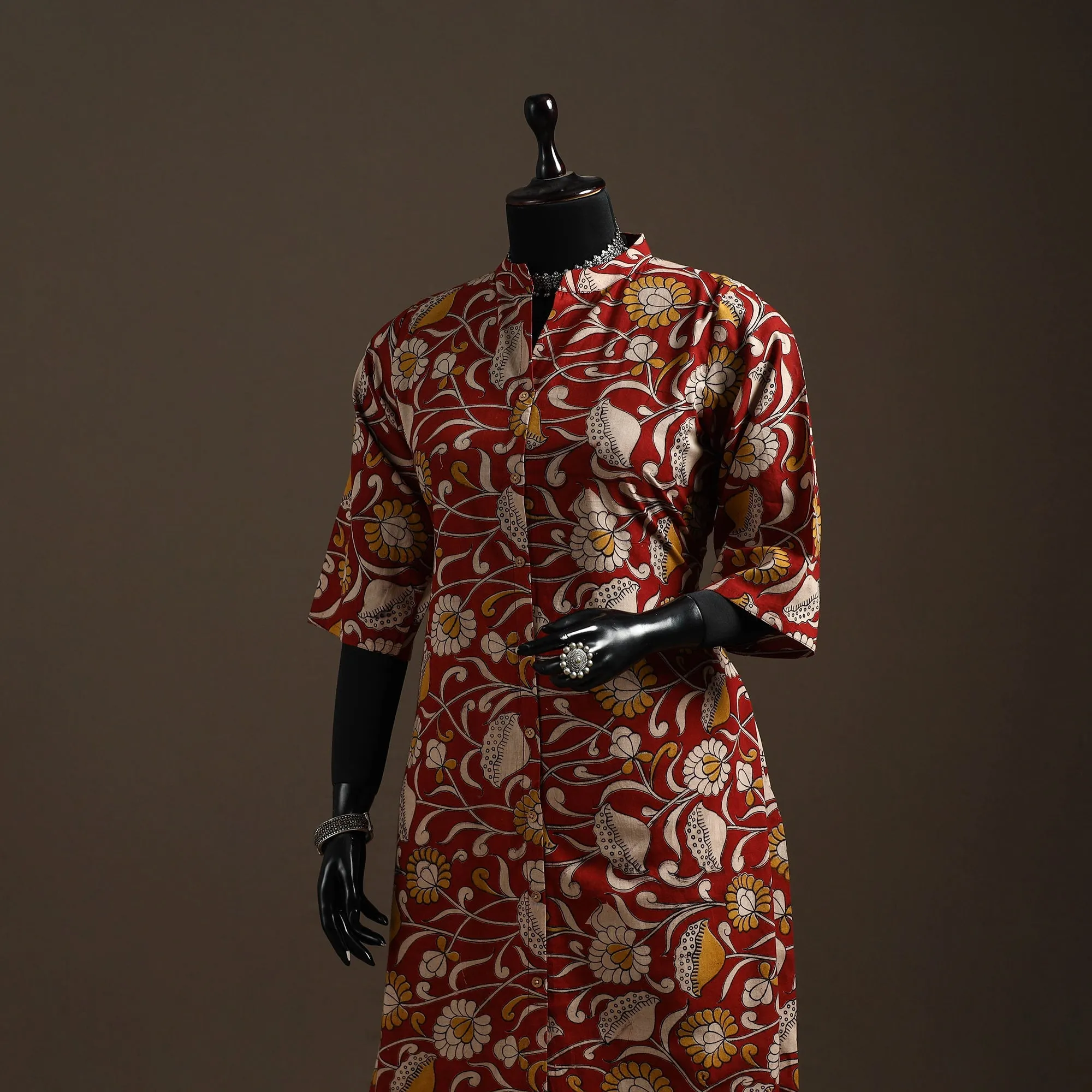 Red - Hand Embroidered Printed Cotton A-Line Kalamkari Kurta for women 15 sold by Itokri product image thumbnail 2