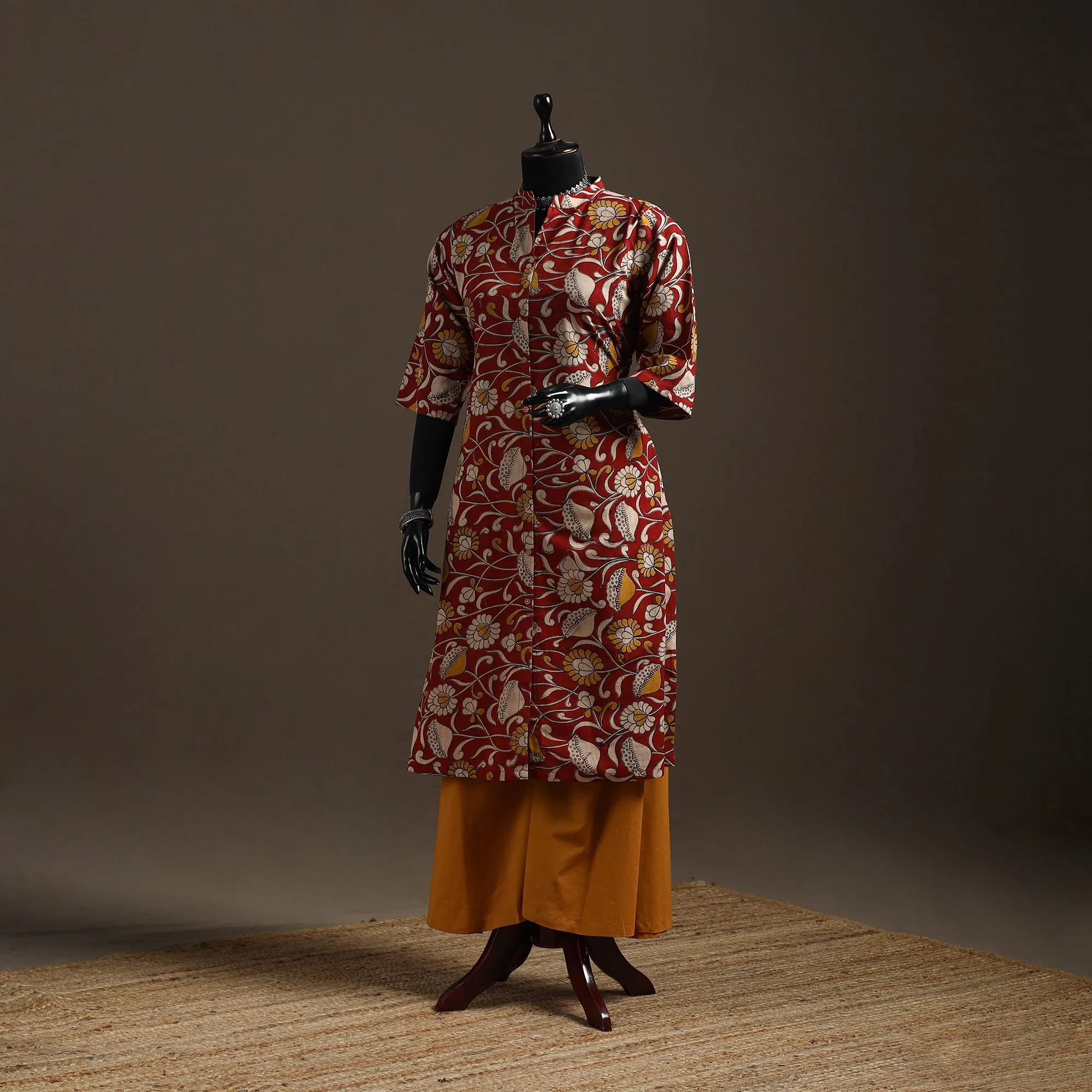 Red - Hand Embroidered Printed Cotton A-Line Kalamkari Kurta for women 15 sold by Itokri
