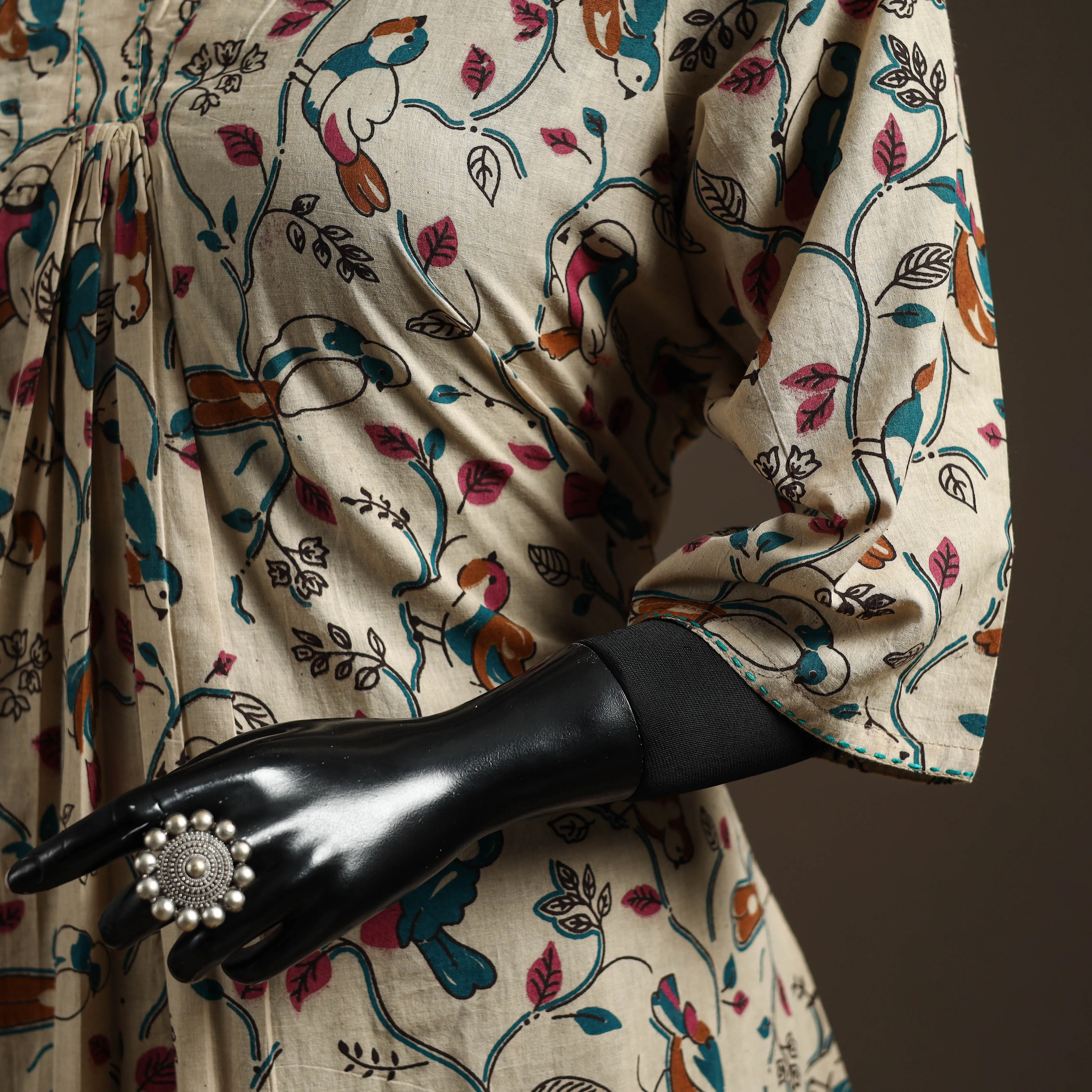 Beige - Hand Embroidered Printed Cotton A-Line Kalamkari Kurta for women 11 sold by Itokri product image thumbnail 4