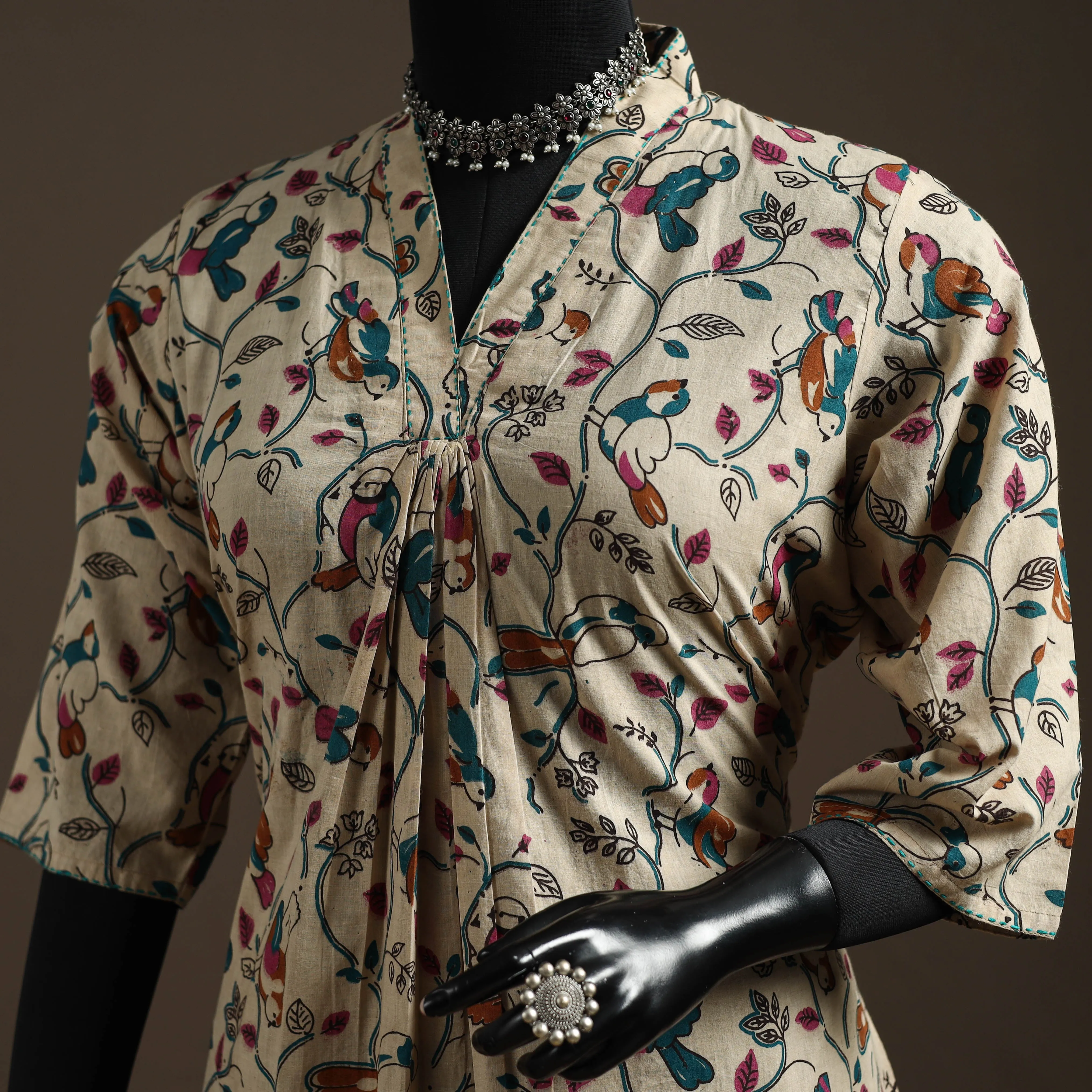 Beige - Hand Embroidered Printed Cotton A-Line Kalamkari Kurta for women 11 sold by Itokri product image thumbnail 3