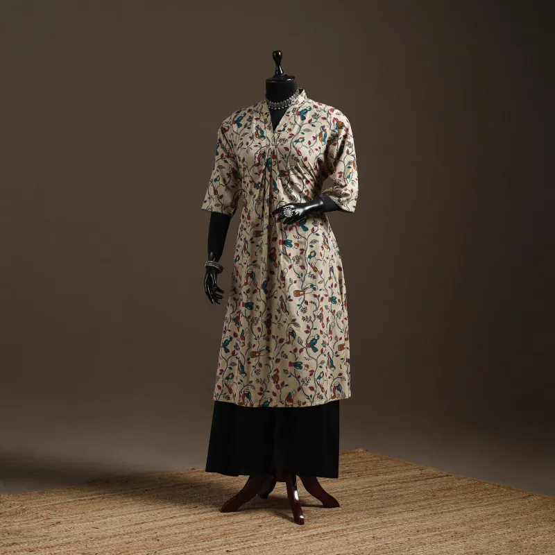 Beige - Hand Embroidered Printed Cotton A-Line Kalamkari Kurta for women 11 sold by Itokri