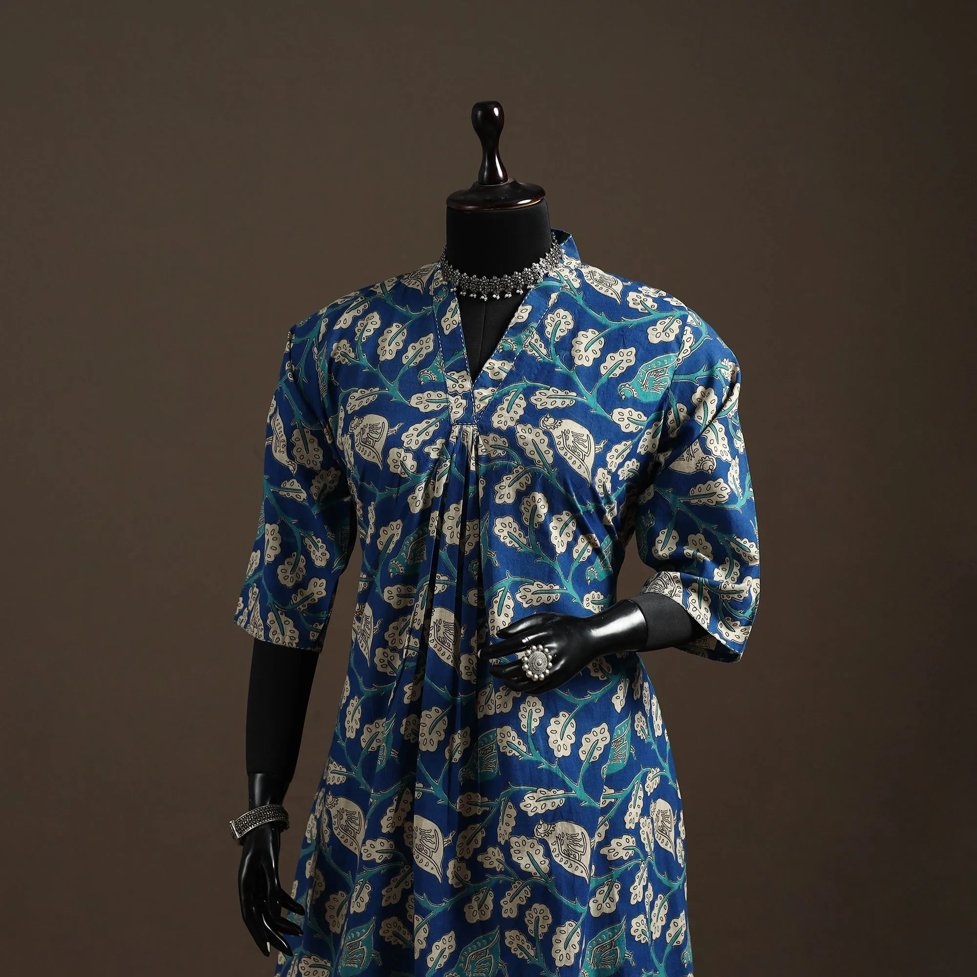 Blue - Hand Embroidered Printed Cotton A-Line Kalamkari Kurta for women 10 sold by Itokri product image thumbnail 2
