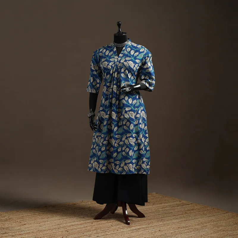Blue - Hand Embroidered Printed Cotton A-Line Kalamkari Kurta for women 10 made by Itokri