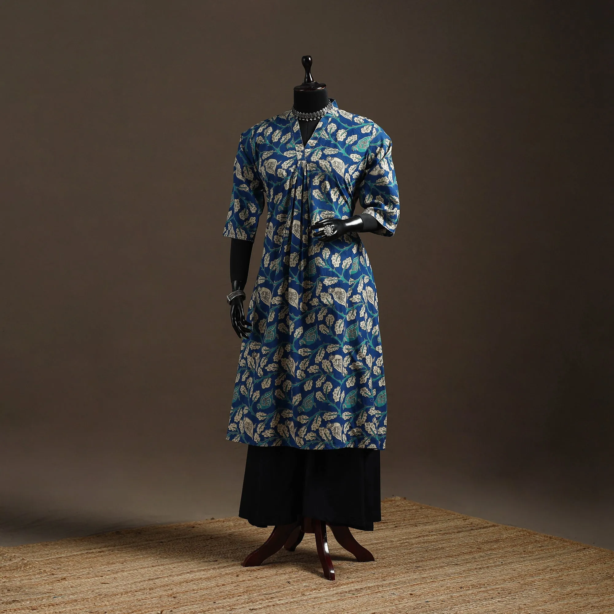 Blue - Hand Embroidered Printed Cotton A-Line Kalamkari Kurta for women 10 sold by Itokri