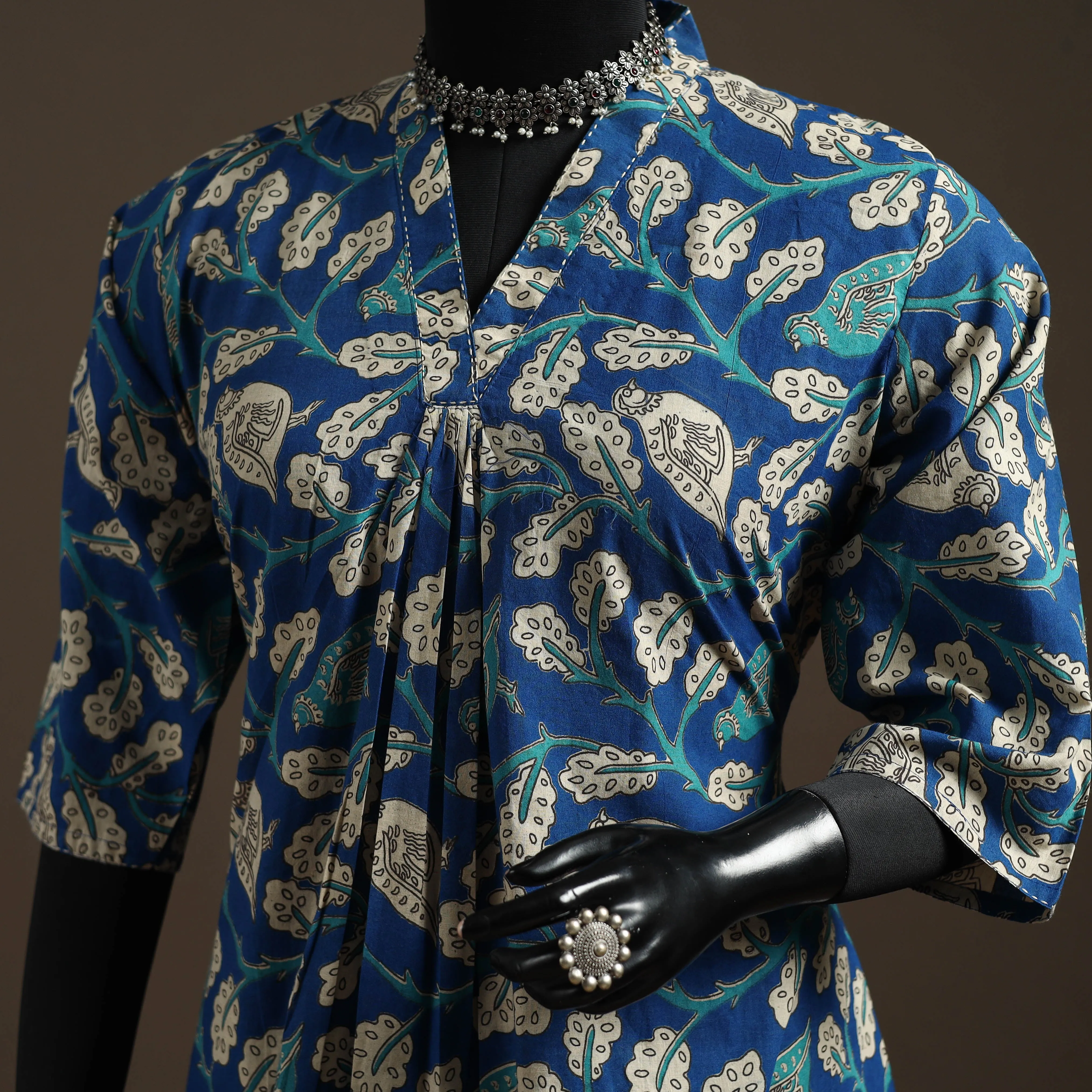 Blue - Hand Embroidered Printed Cotton A-Line Kalamkari Kurta for women 10 sold by Itokri product image thumbnail 3