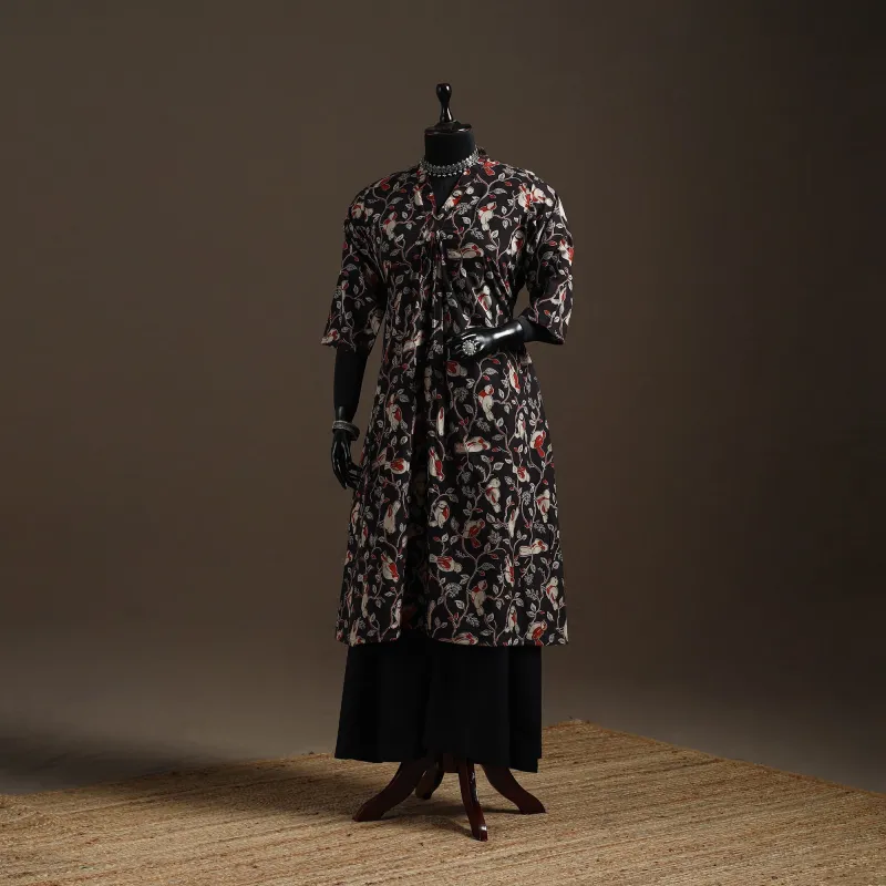 Black - Hand Embroidered Printed Cotton A-Line Kalamkari Kurta for women 09 sold by Itokri