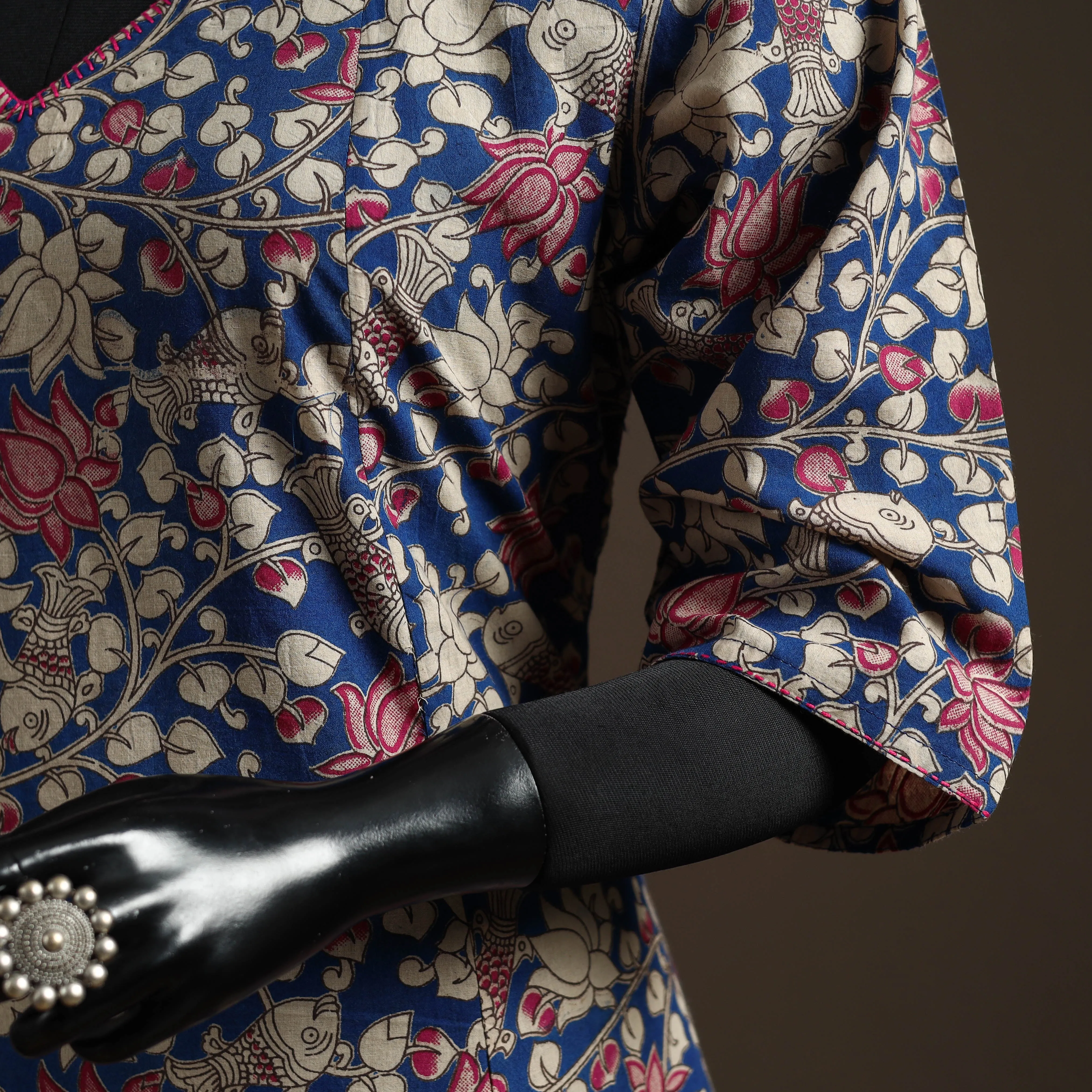 Blue - Hand Embroidered Printed Cotton A-Line Kalamkari Kurta for women 08 sold by Itokri product image thumbnail 4