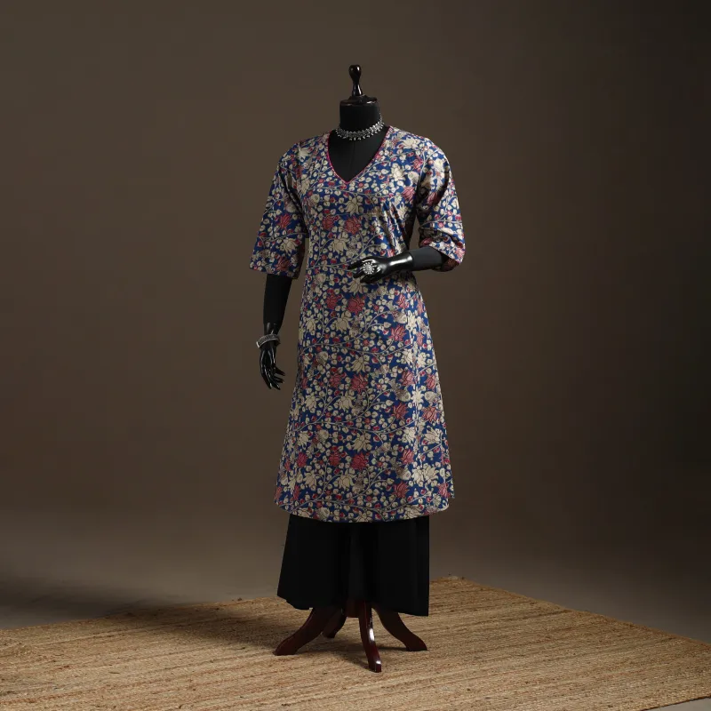 Blue - Hand Embroidered Printed Cotton A-Line Kalamkari Kurta for women 08 sold by Itokri