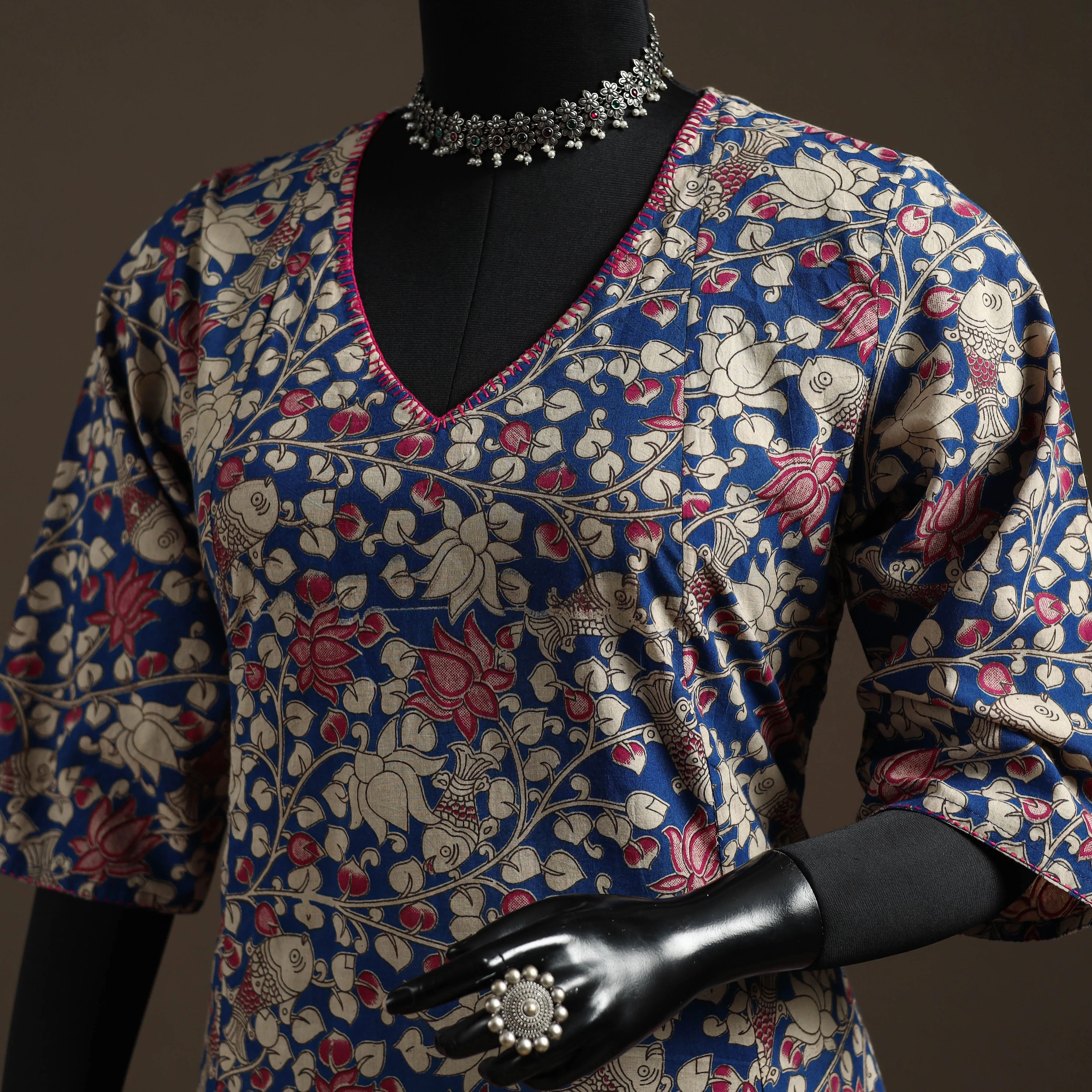 Blue - Hand Embroidered Printed Cotton A-Line Kalamkari Kurta for women 08 sold by Itokri product image thumbnail 3