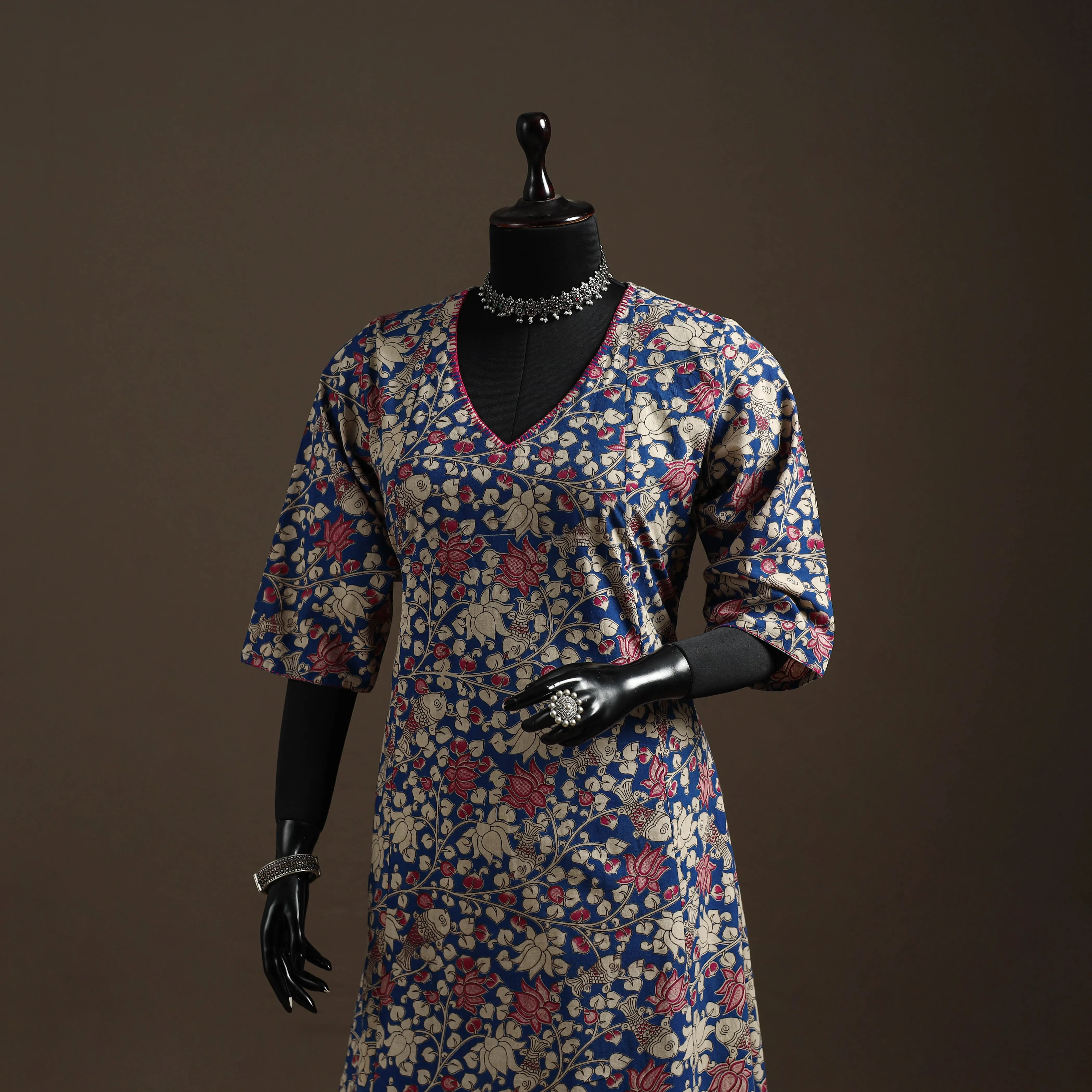 Blue - Hand Embroidered Printed Cotton A-Line Kalamkari Kurta for women 08 sold by Itokri product image thumbnail 2