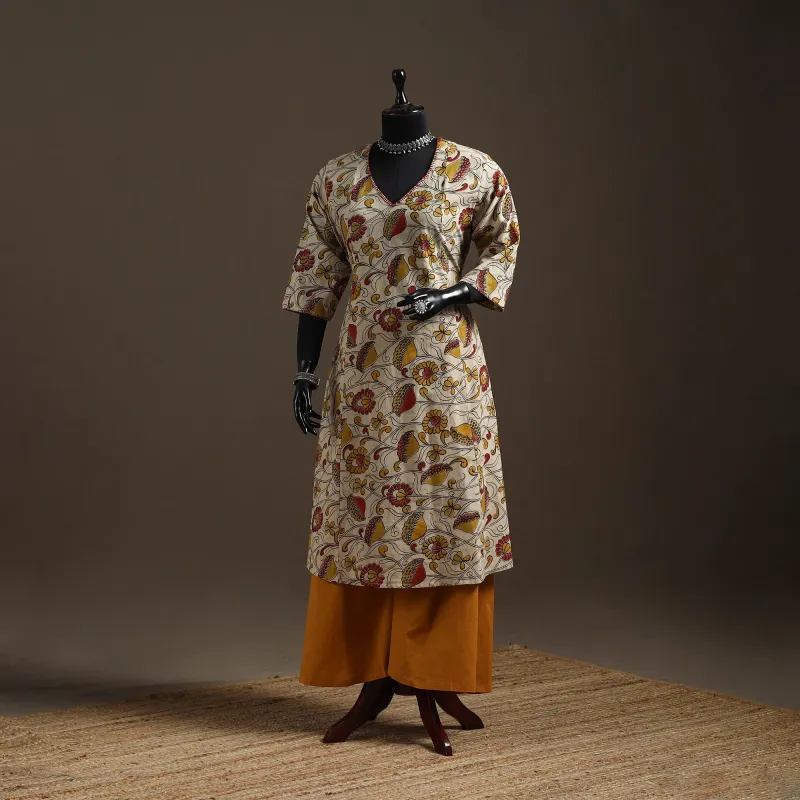 Beige - Hand Embroidered Printed Cotton A-Line Kalamkari Kurta for women 06 sold by Itokri