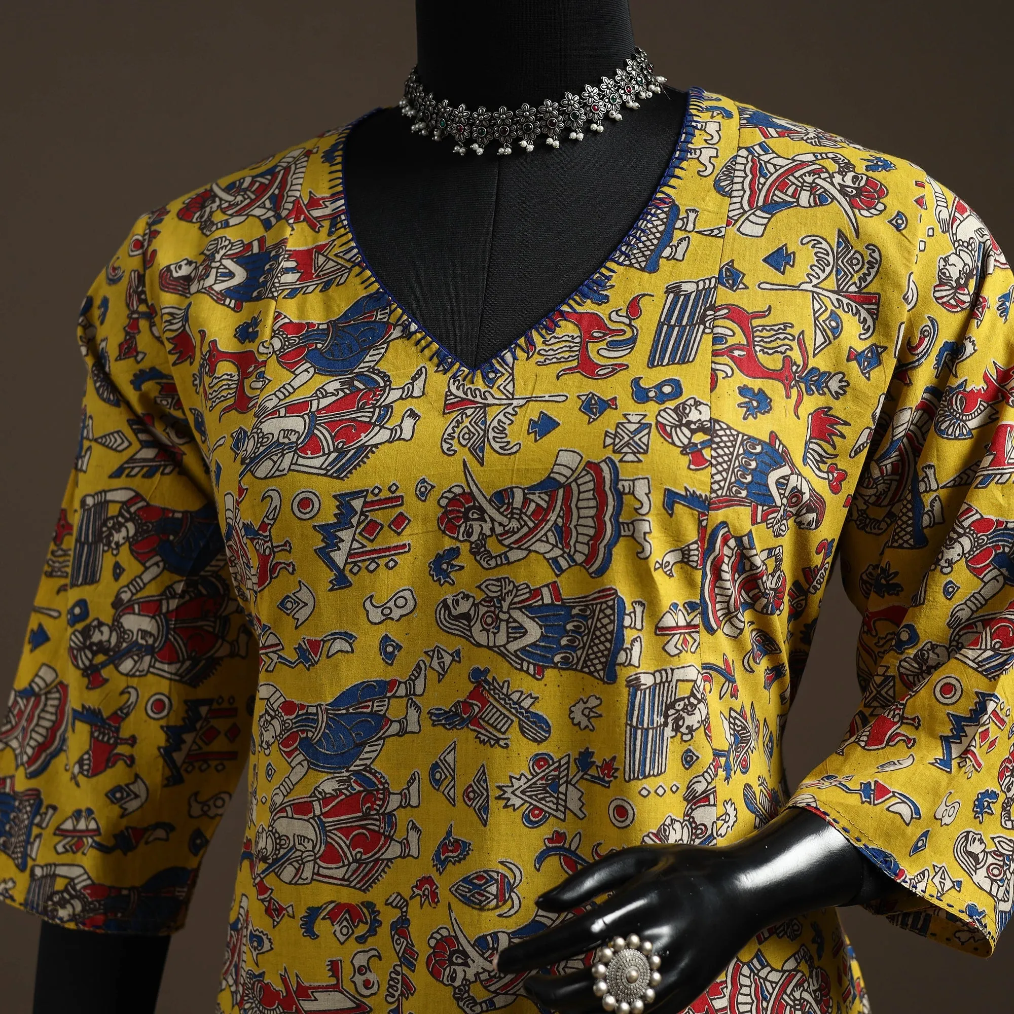 Yellow - Hand Embroidered Printed Cotton A-Line Kalamkari Kurta for women 05 sold by Itokri product image thumbnail 3