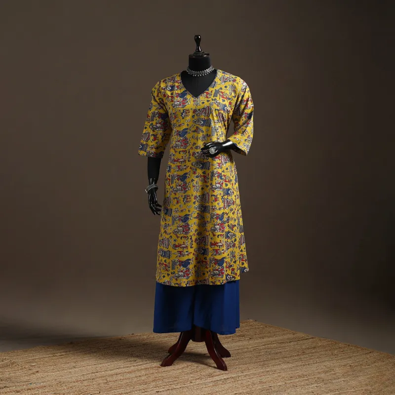 Yellow - Hand Embroidered Printed Cotton A-Line Kalamkari Kurta for women 05 sold by Itokri