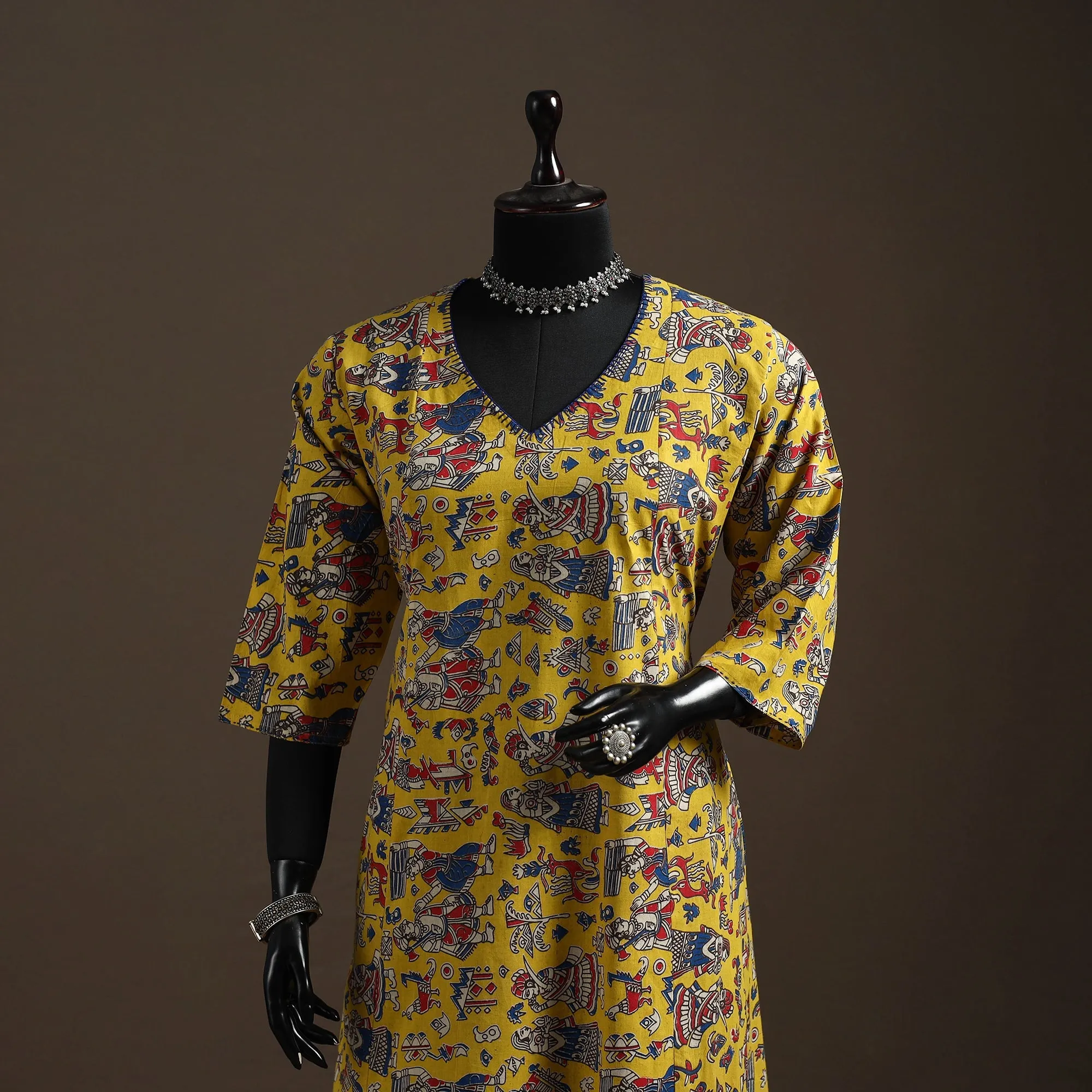 Yellow - Hand Embroidered Printed Cotton A-Line Kalamkari Kurta for women 05 sold by Itokri product image thumbnail 2
