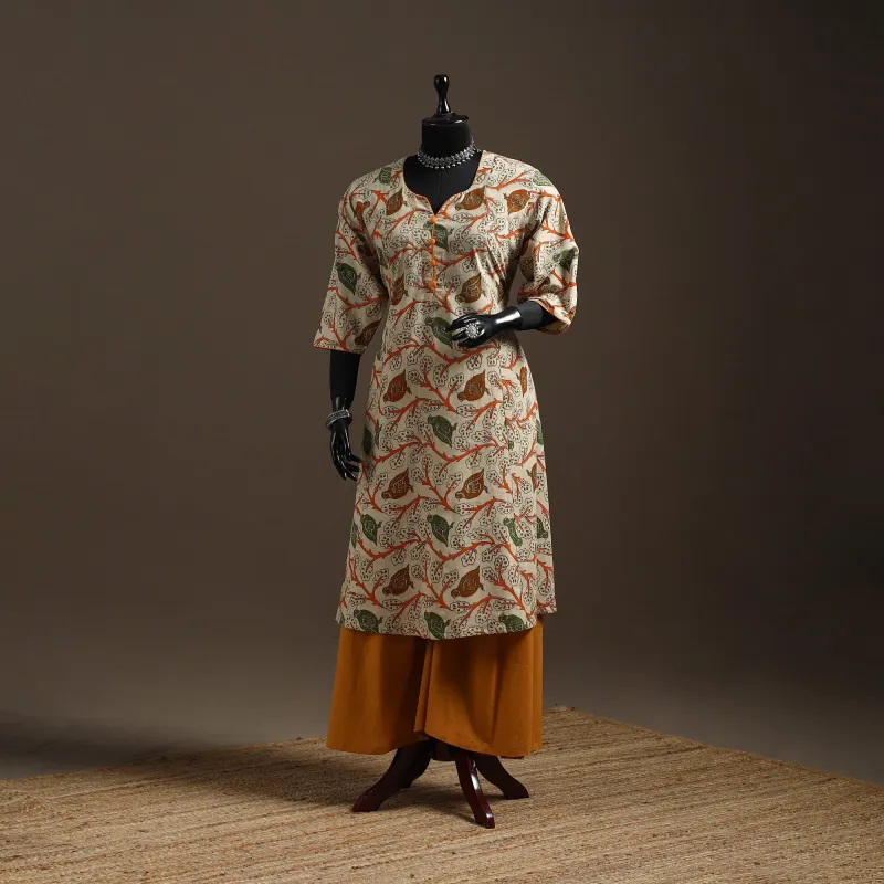 Beige - Printed Cotton A-Line Kalamkari Kurta for women 04 sold by Itokri