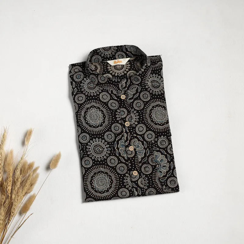 Black - Hand Block Print Natural Dyed Cotton Short Ajrakh Kurta for Men 12 made by Itokri