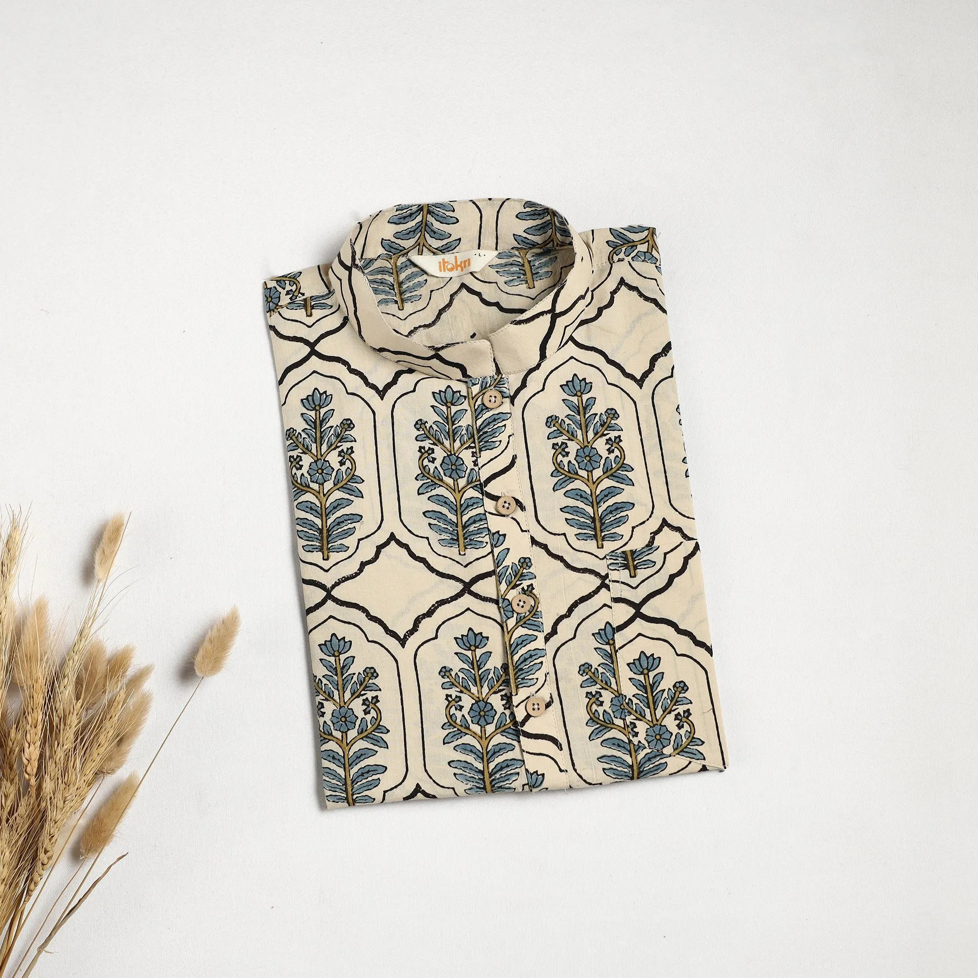 Beige - Hand Block Print Natural Dyed Cotton Short Ajrakh Kurta for Men 06 sold by Itokri