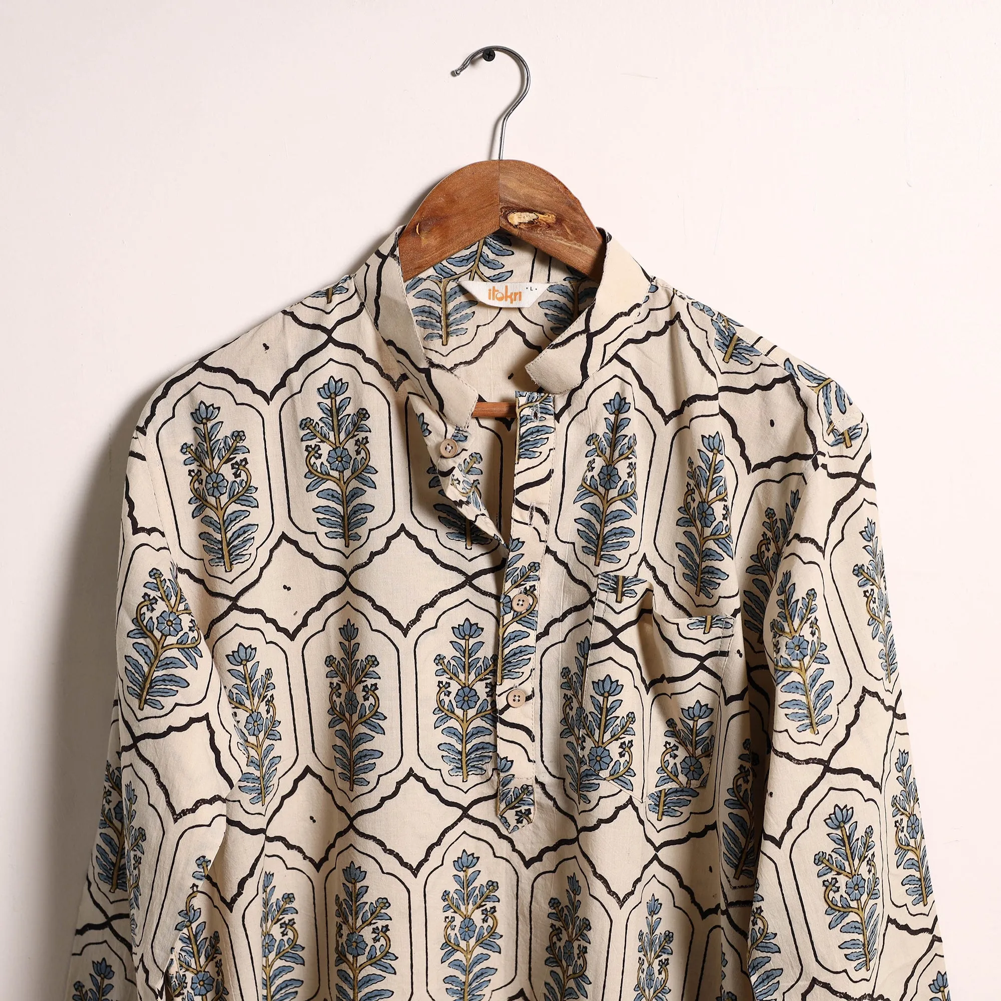 Beige - Hand Block Print Natural Dyed Cotton Short Ajrakh Kurta for Men 06 sold by Itokri product image thumbnail 3