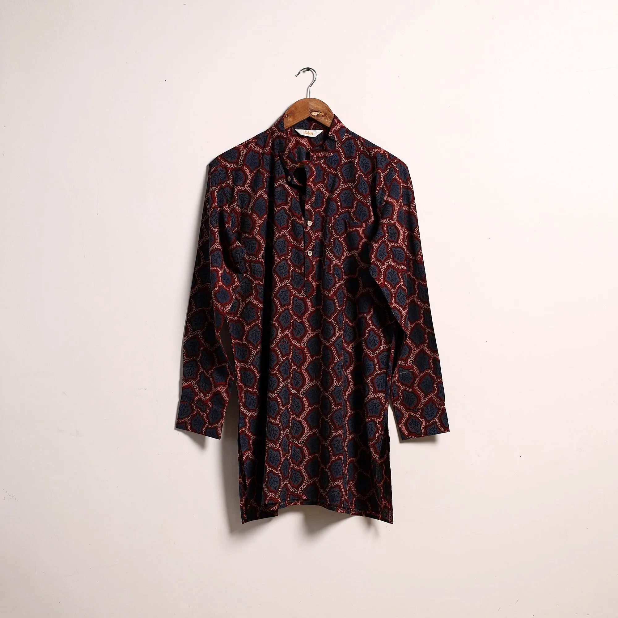 Maroon - Hand Block Print Natural Dyed Cotton Short Ajrakh Kurta for Men 01 sold by Itokri product image thumbnail 2