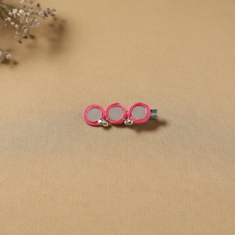 Pink - Handmade Thread Mirror Work Hair Clip 16 made by Itokri