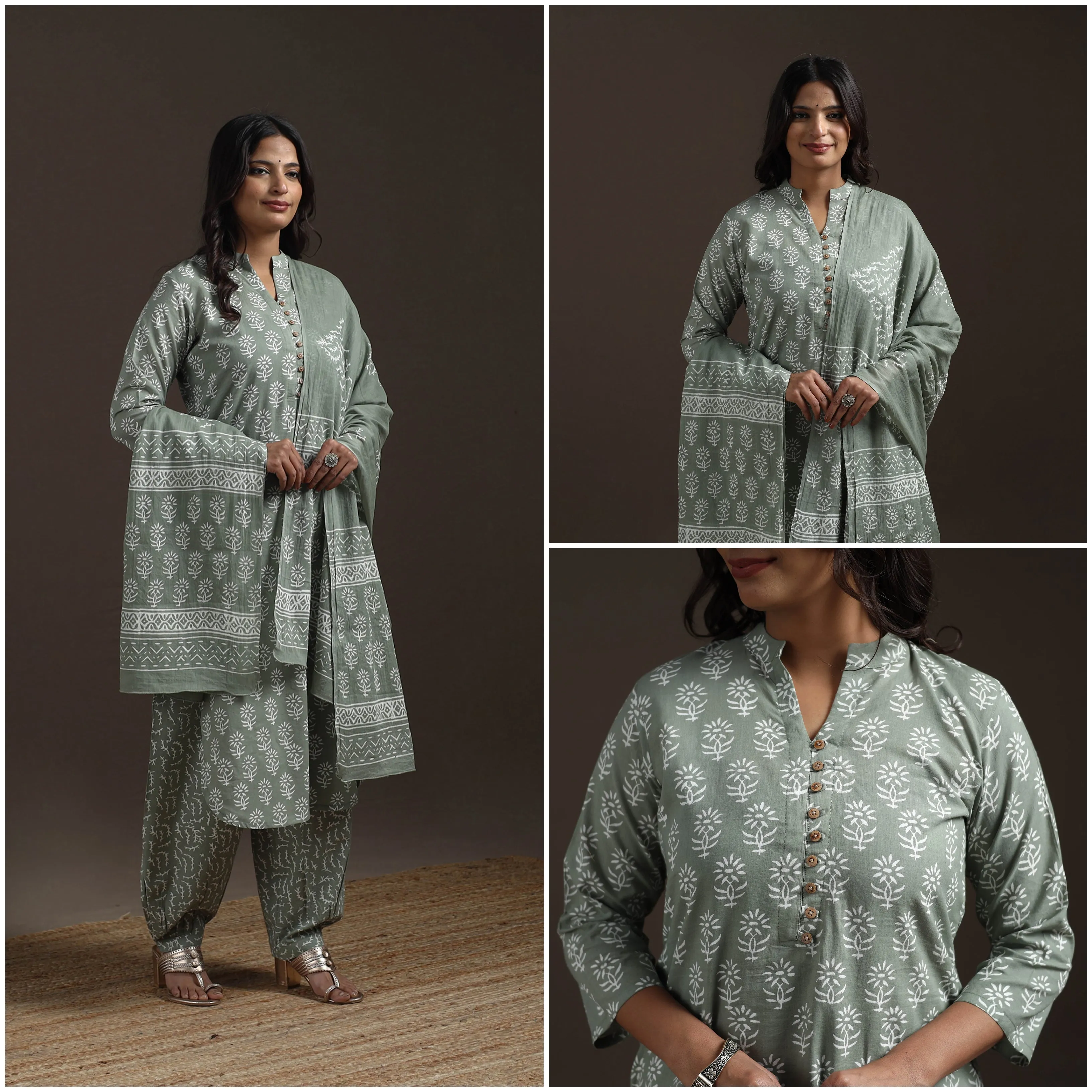 Green - Jaipur Hand Block Print Cotton Suit Set with Dupatta for women 16 sold by Itokri product image thumbnail 3