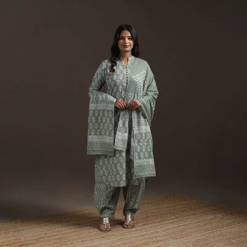 Green - Jaipur Hand Block Print Cotton Suit Set with Dupatta for women 16 sold by Itokri