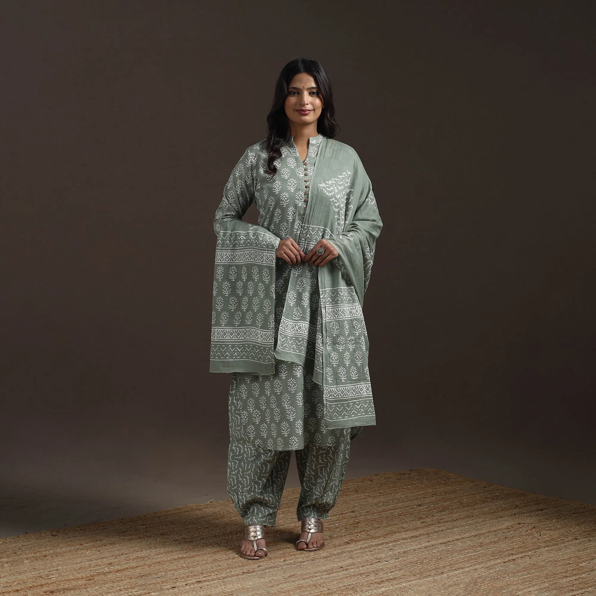 Green - Jaipur Hand Block Print Cotton Suit Set with Dupatta for women 16 sold by Itokri