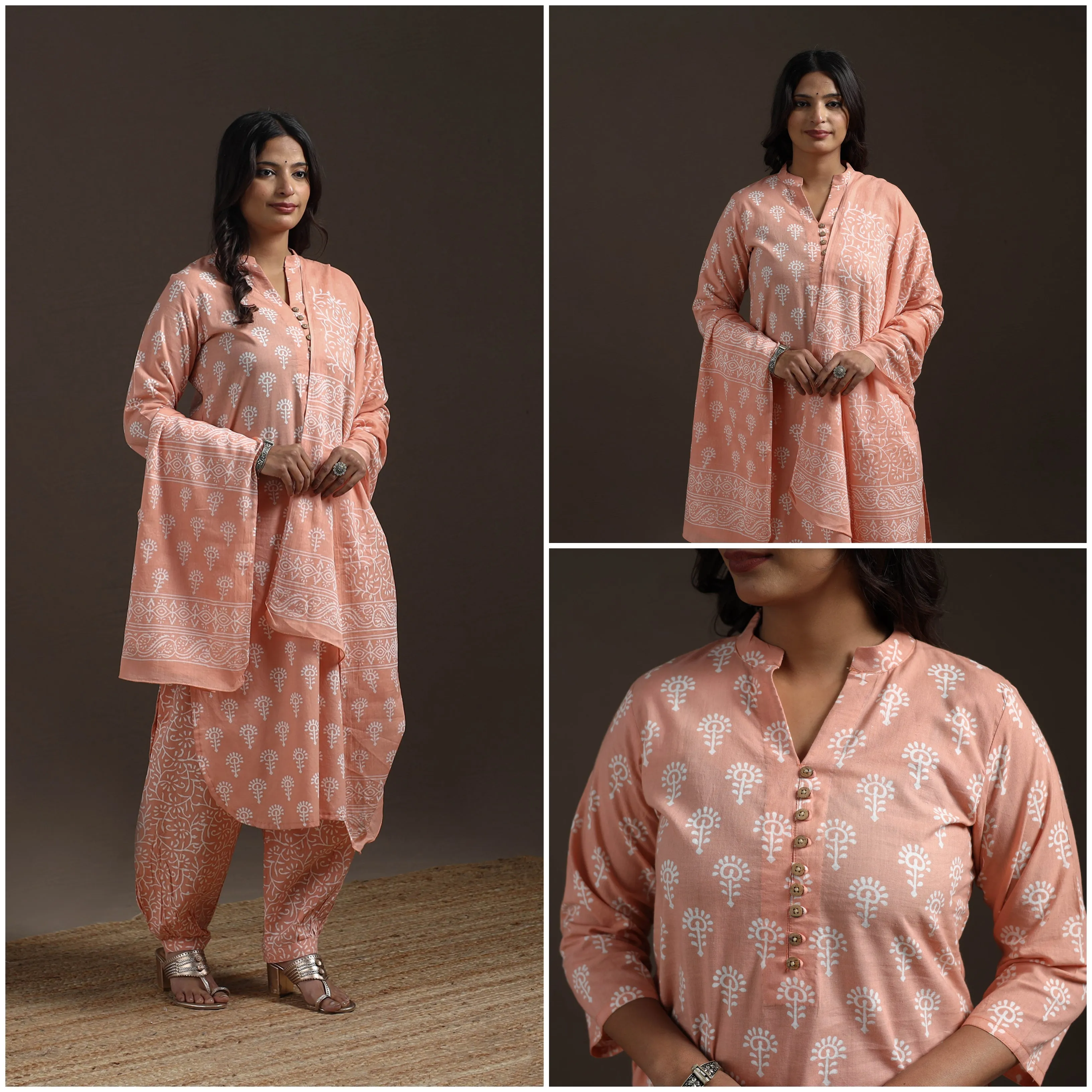 Peach - Jaipur Hand Block Print Cotton Suit Set with Dupatta for women 20 sold by Itokri product image thumbnail 3