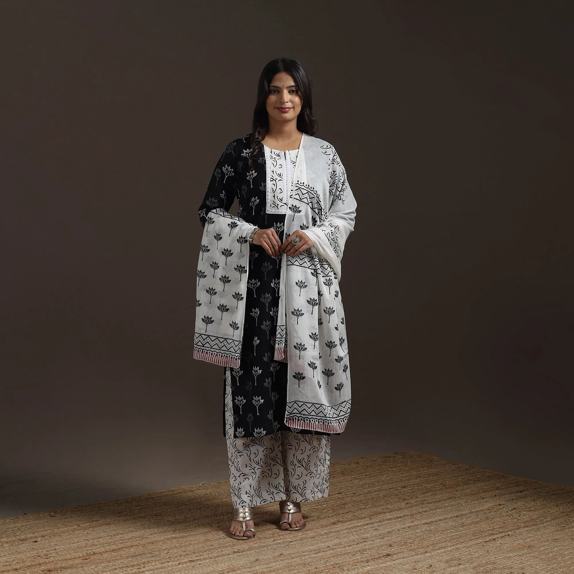 Black - Hand Embroidered Jaipur Block Print Cotton Suit Set with Dupatta for women 09 sold by Itokri