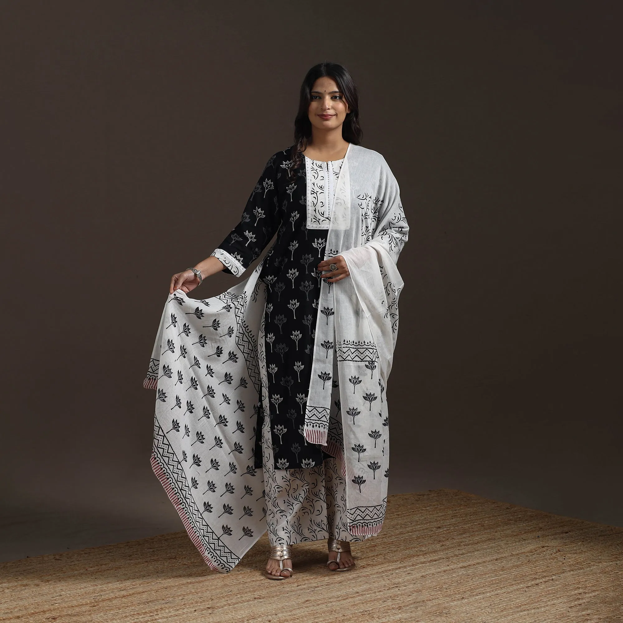 Black - Hand Embroidered Jaipur Block Print Cotton Suit Set with Dupatta for women 09 sold by Itokri product image thumbnail 2