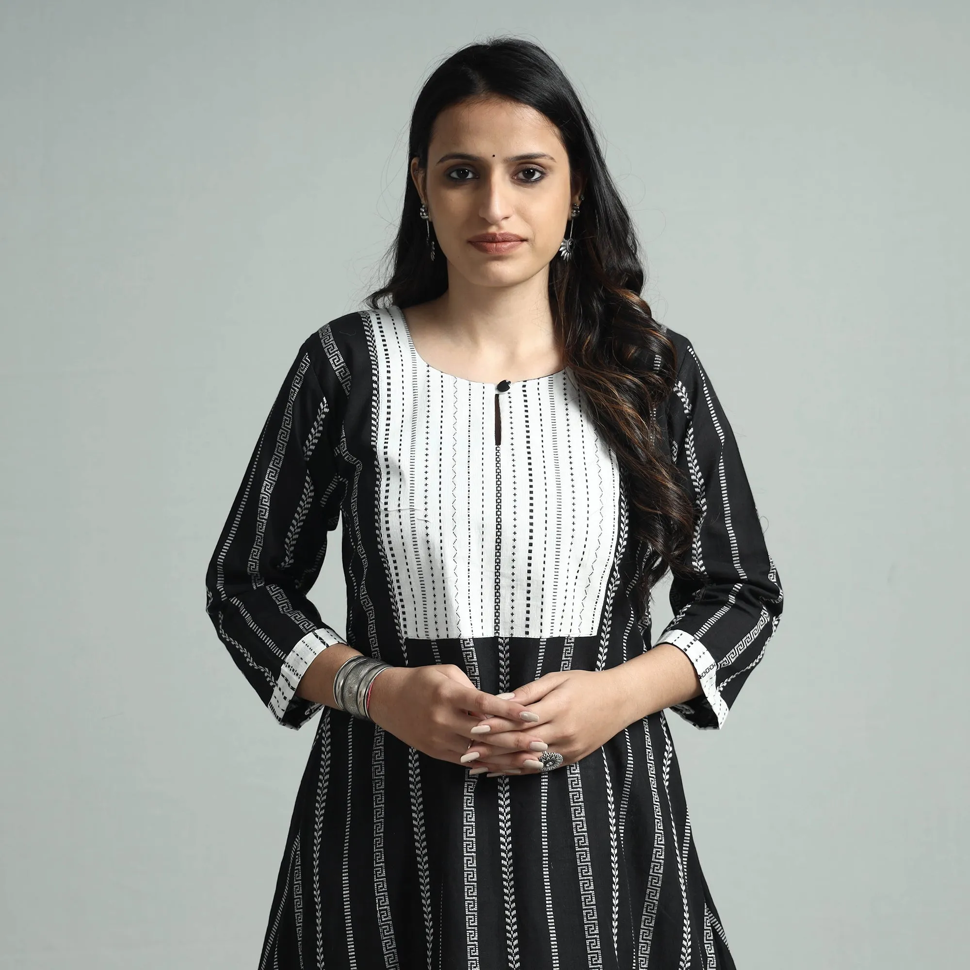 Black - Jacquard Cotton Floral A-Line Kurta 26 sold by Itokri