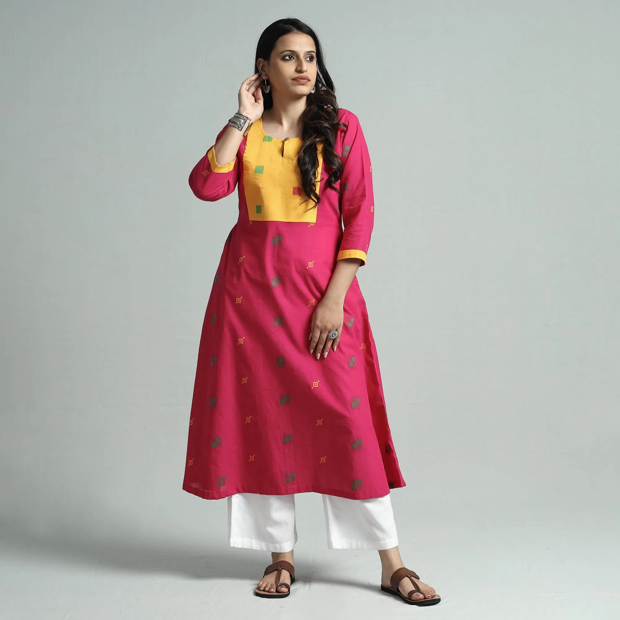Dark Pink - Jacquard Cotton Floral A-Line Kurta sold by Itokri product image thumbnail 3
