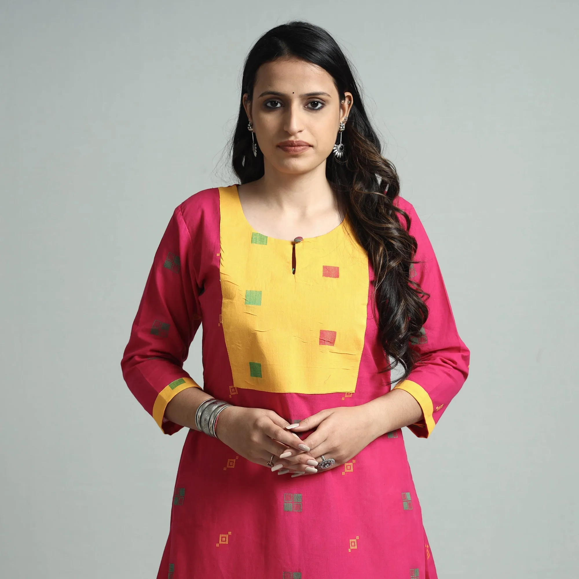 Dark Pink - Jacquard Cotton Floral A-Line Kurta sold by Itokri