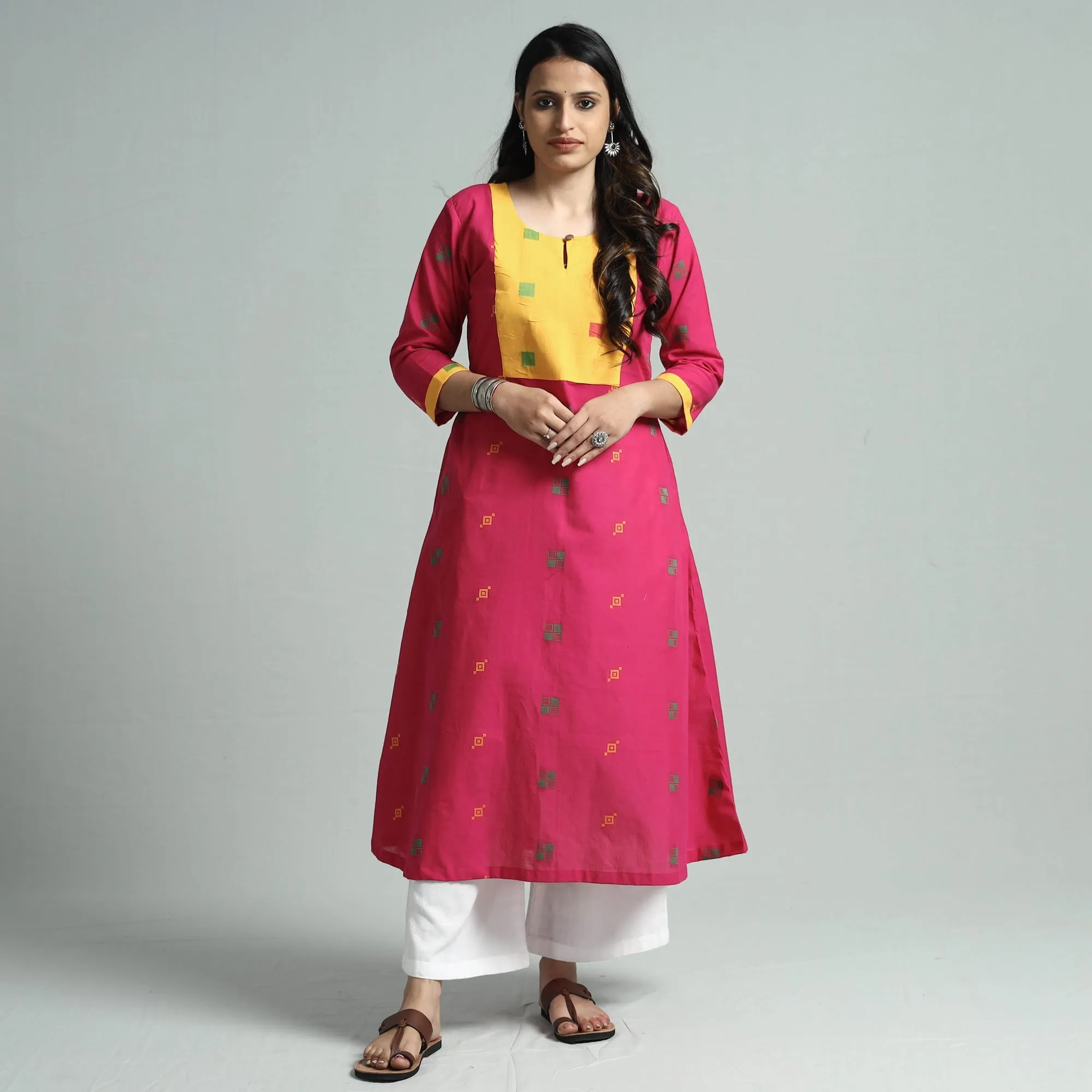 Dark Pink - Jacquard Cotton Floral A-Line Kurta sold by Itokri product image thumbnail 2